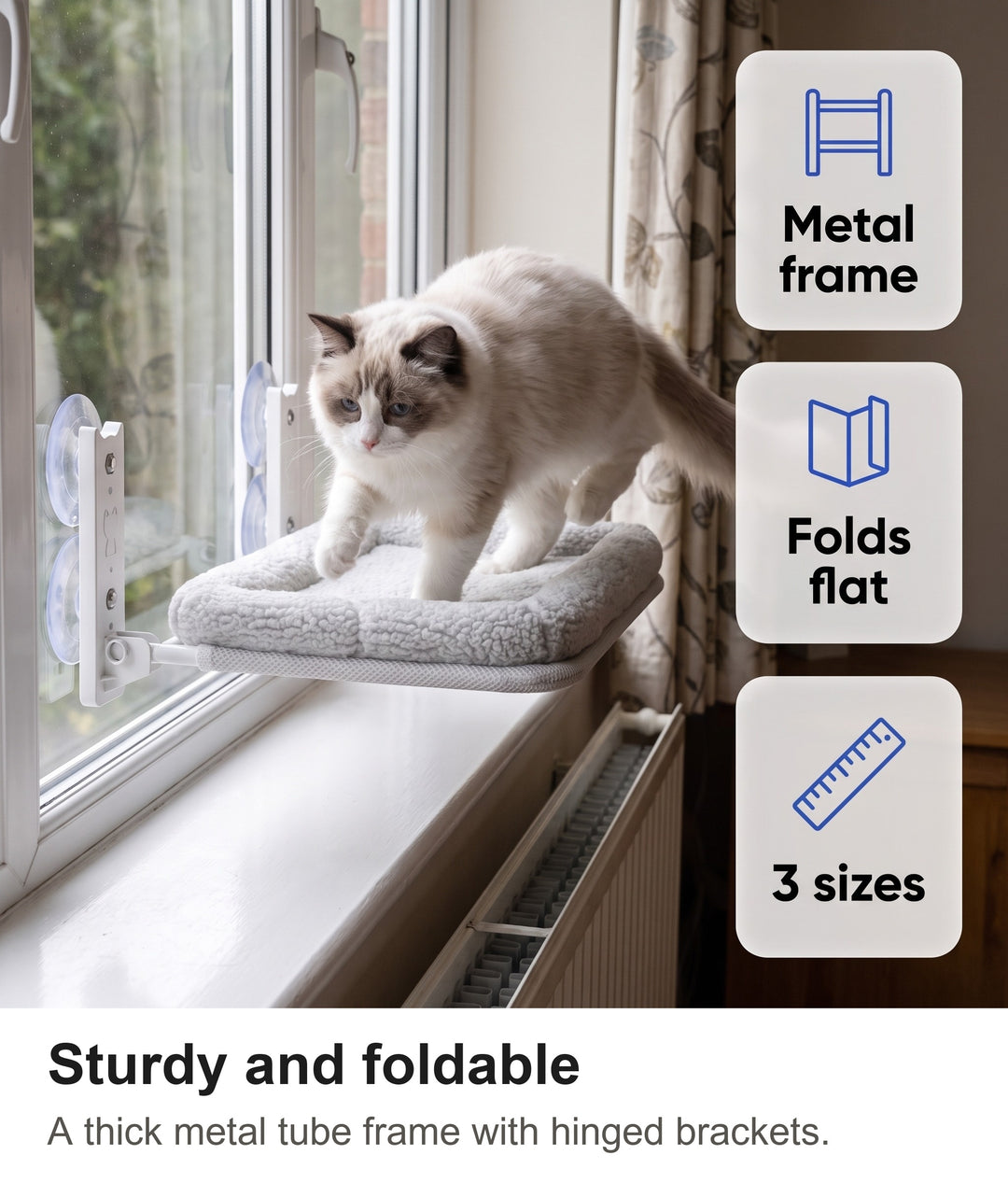 Cat jumping up onto the sturdy cat window hammock fixed to a window