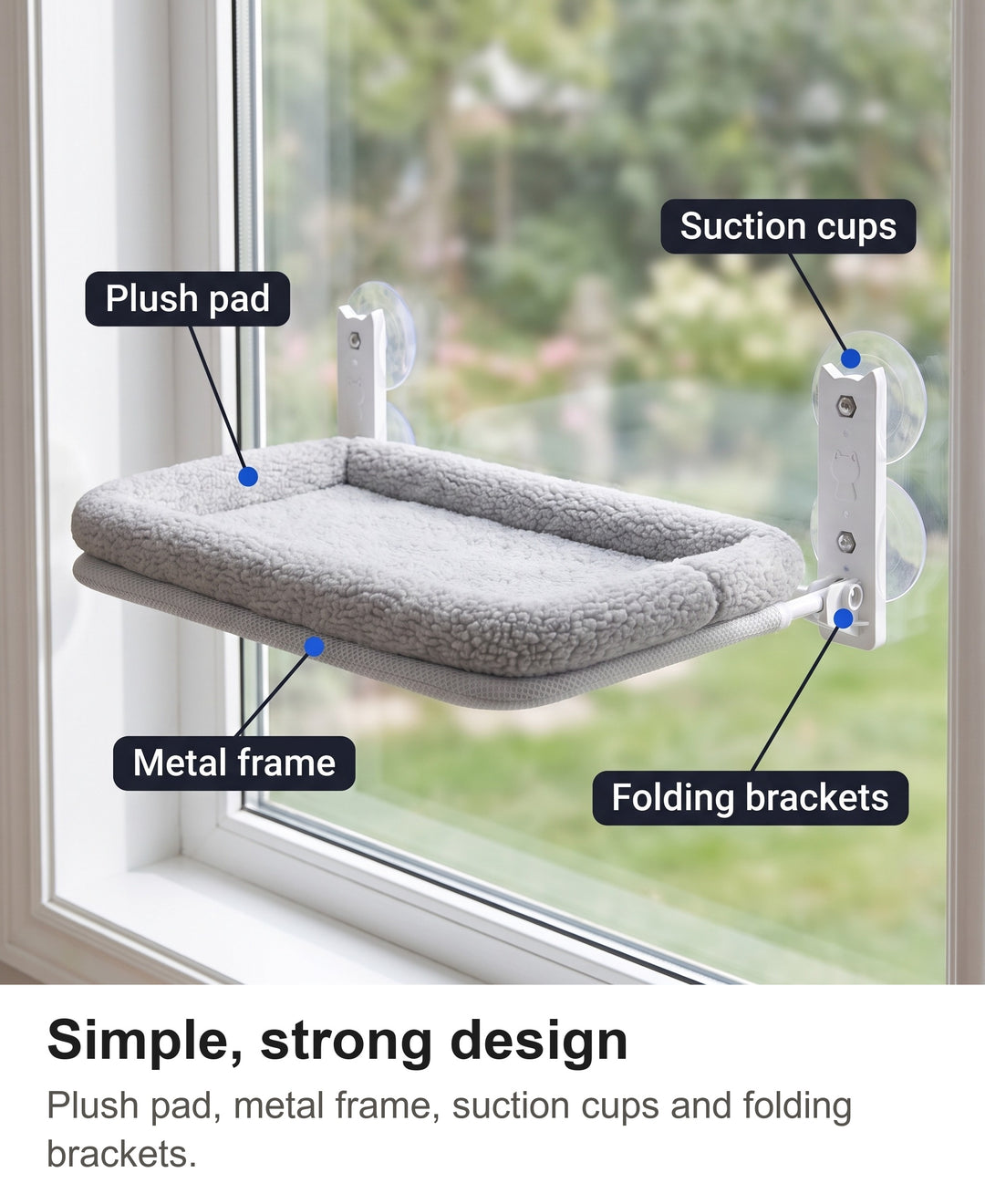 Cat window perch labelled: plush pad, metal frame, suction cups and folding brackets