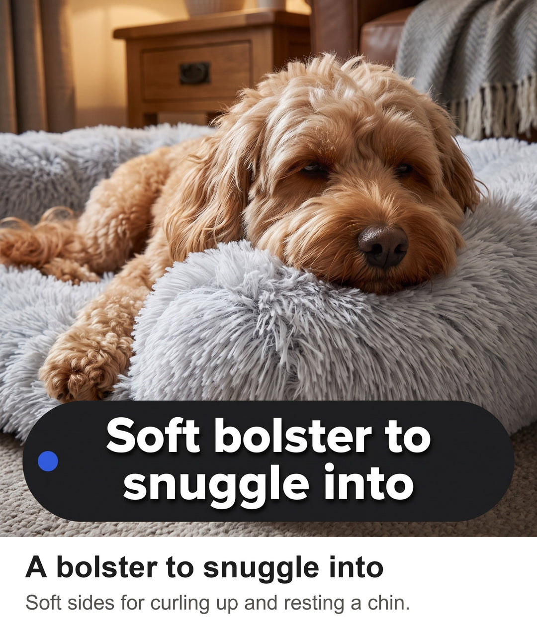 Cockapoo resting its chin on the soft bolster of the calming dog bed