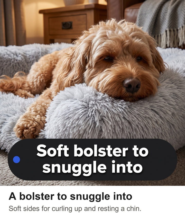 Cockapoo resting its chin on the soft bolster of the calming dog bed
