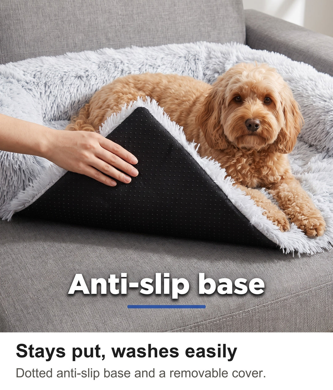 Corner of the dog sofa cover turned up to show the dotted anti-slip base