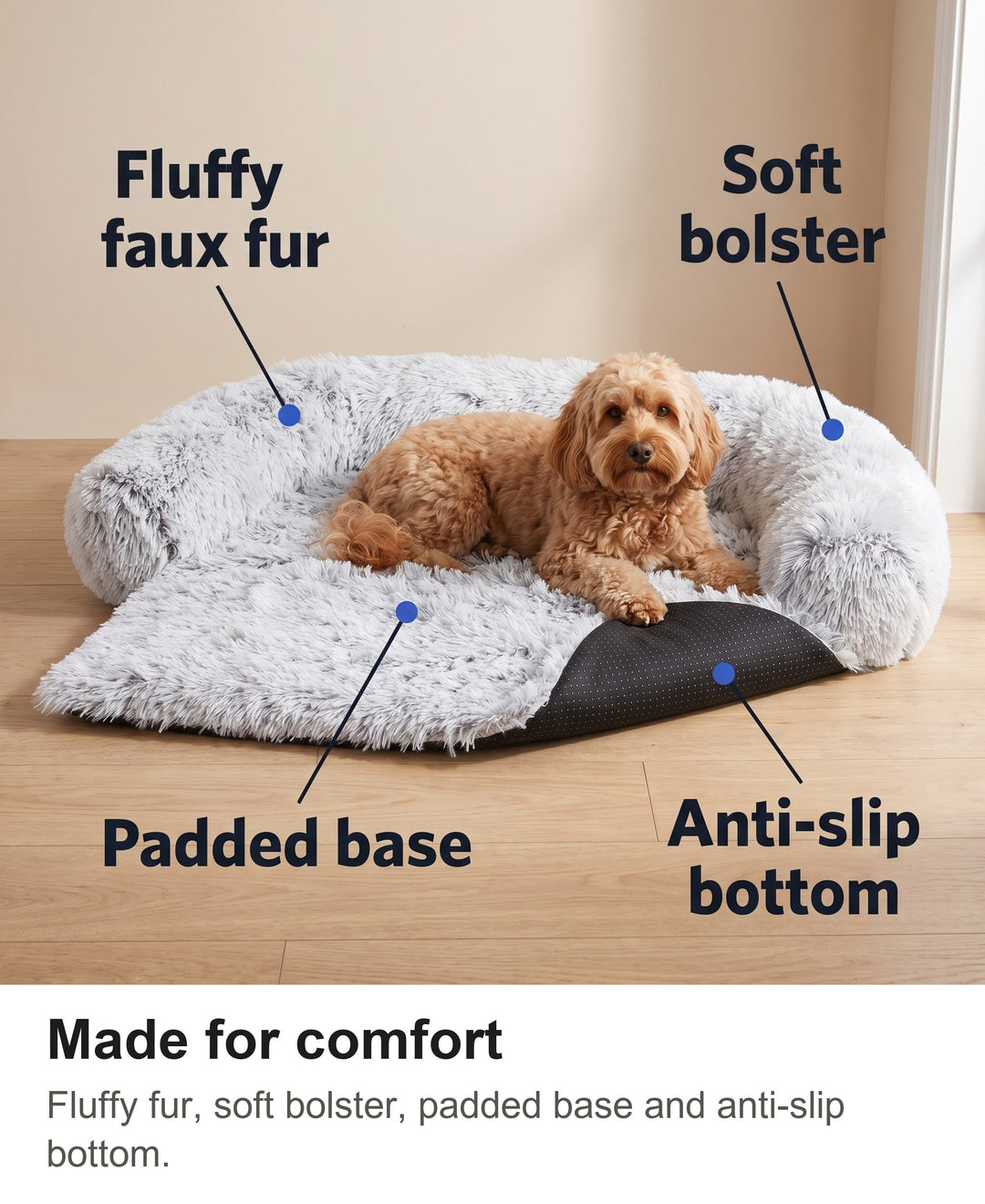 Dog sofa cover bed labelled: fluffy faux fur, soft bolster, padded base and anti-slip bottom