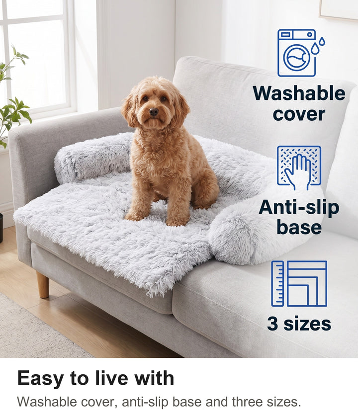 Cockapoo on the calming dog bed for sofa: washable cover, anti-slip base and three sizes