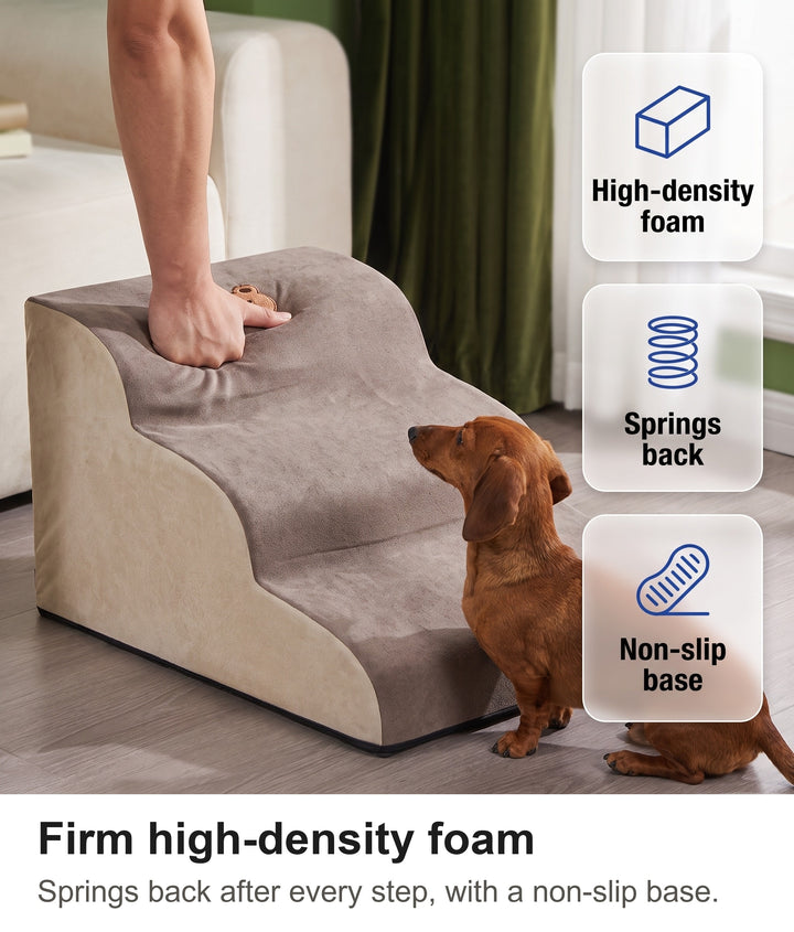 Hand pressing into the firm high-density foam of the dog stairs
