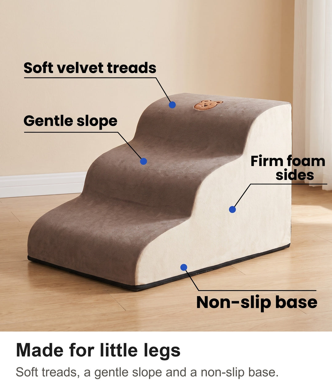 Dog stairs labelled: soft velvet treads, gentle slope, firm foam and non-slip base