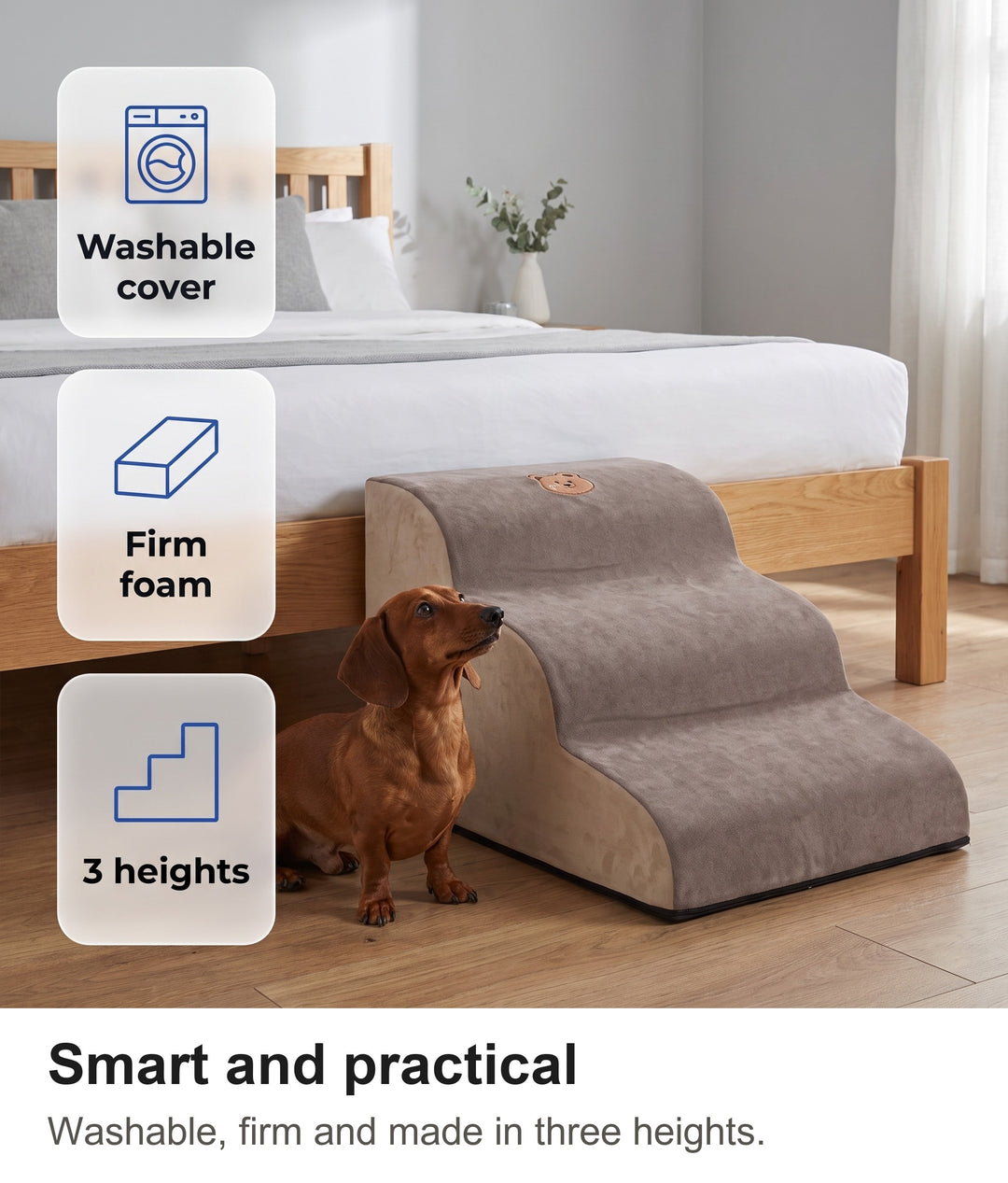 Foam dog stairs beside a bed with a washable cover, firm foam and three heights