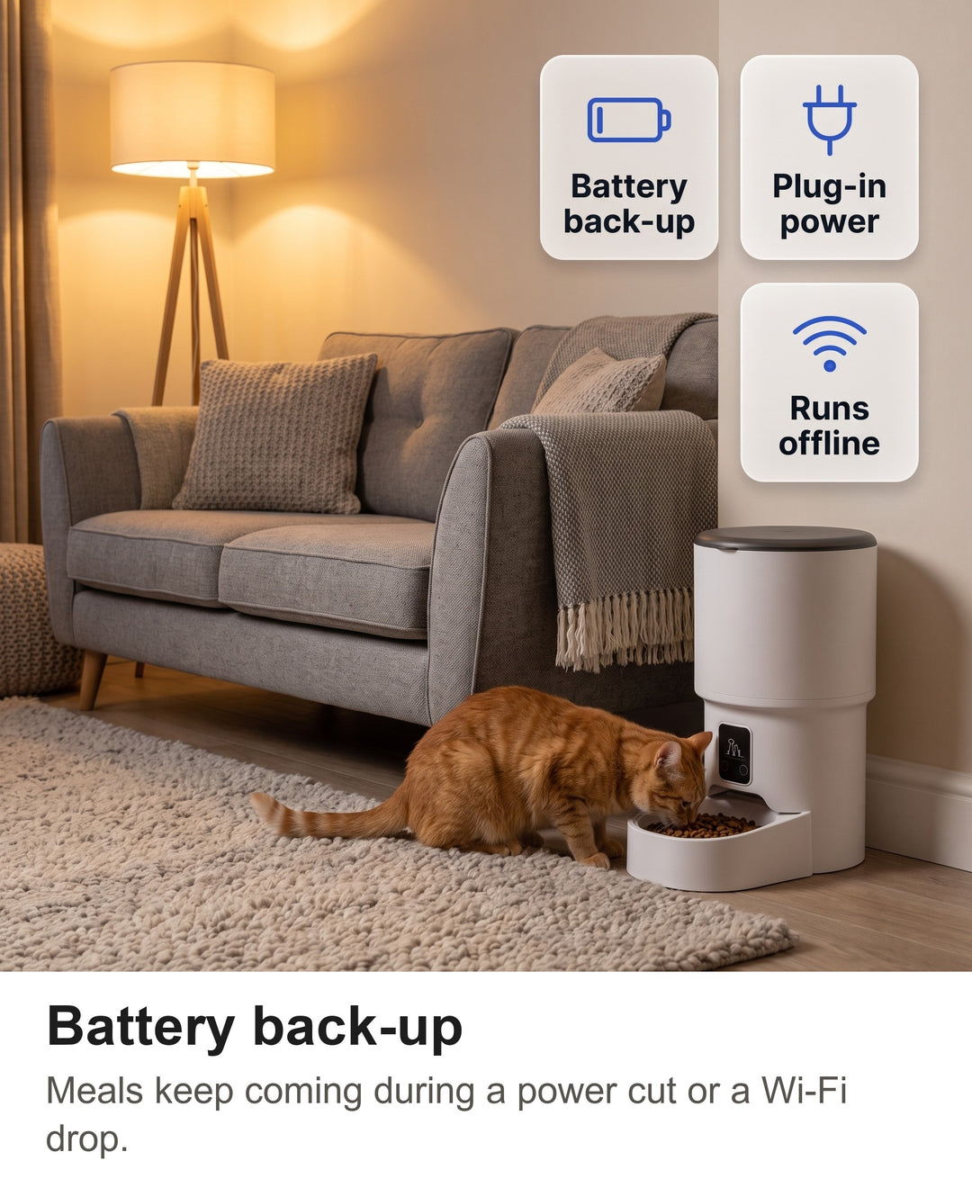 Ginger cat eating from the automatic pet feeder in a cosy living room in the evening