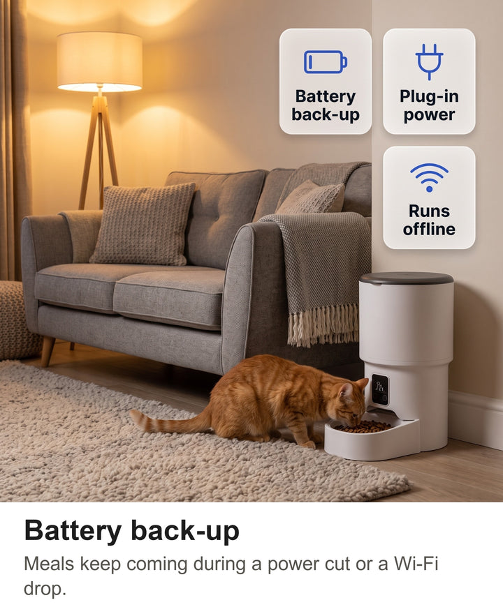 Ginger cat eating from the automatic pet feeder in a cosy living room in the evening