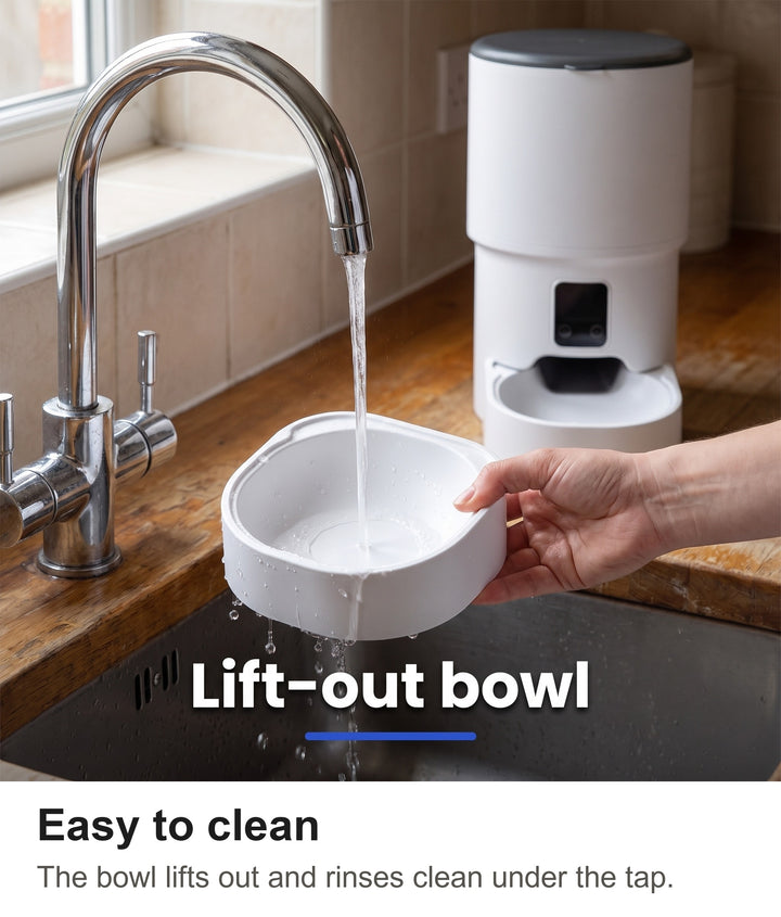 Rinsing the lift-out bowl of the automatic cat feeder under a kitchen tap