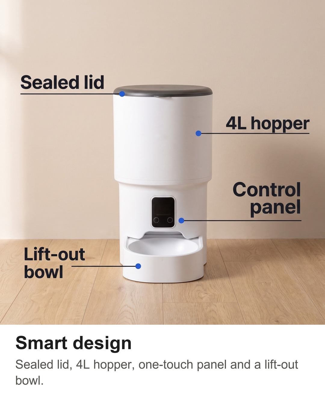 Automatic pet feeder labelled: sealed lid, 4L hopper, control panel and lift-out bowl