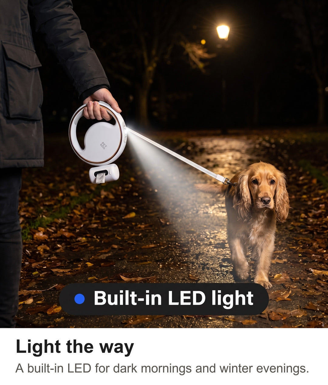 Owner walking a cocker spaniel at night with the LED light of the retractable dog lead lighting the path