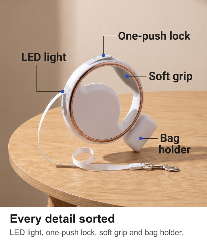 Retractable dog lead labelled: LED light, one-push lock, soft grip and poo bag holder