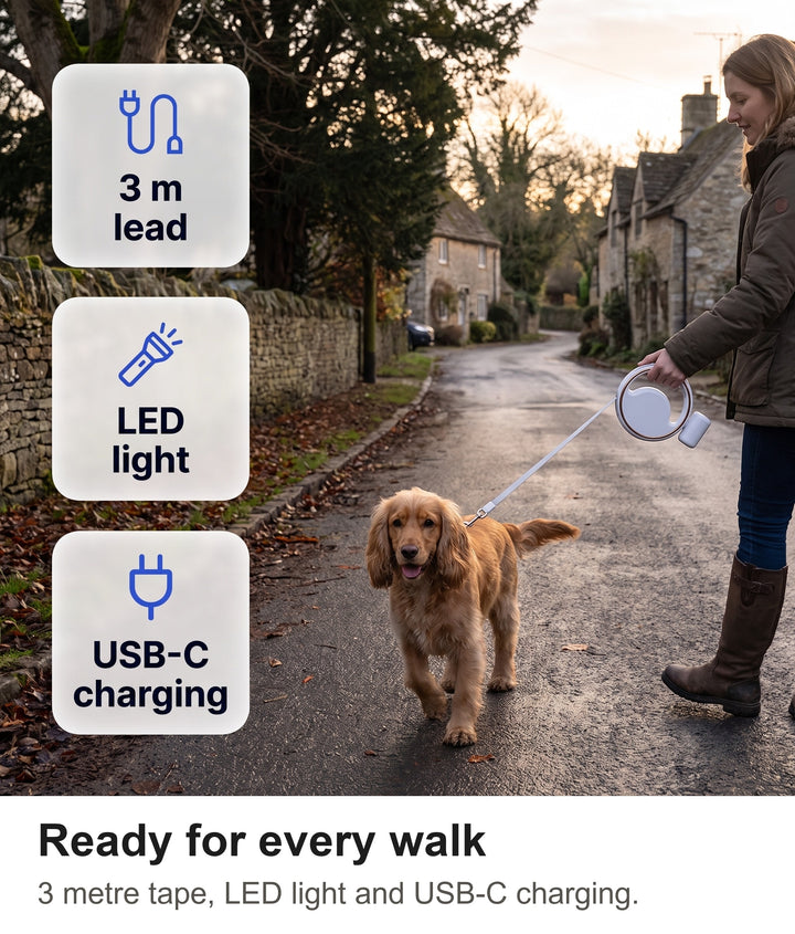 Cocker spaniel on a walk with the 3 metre retractable dog lead with LED torch and USB-C charging