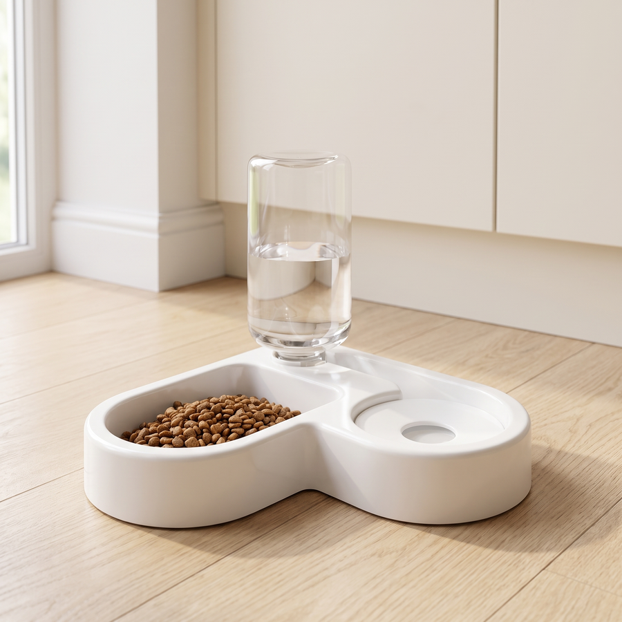 automatic cat feeder with water dispenser compact 2 in 1 bowl in use