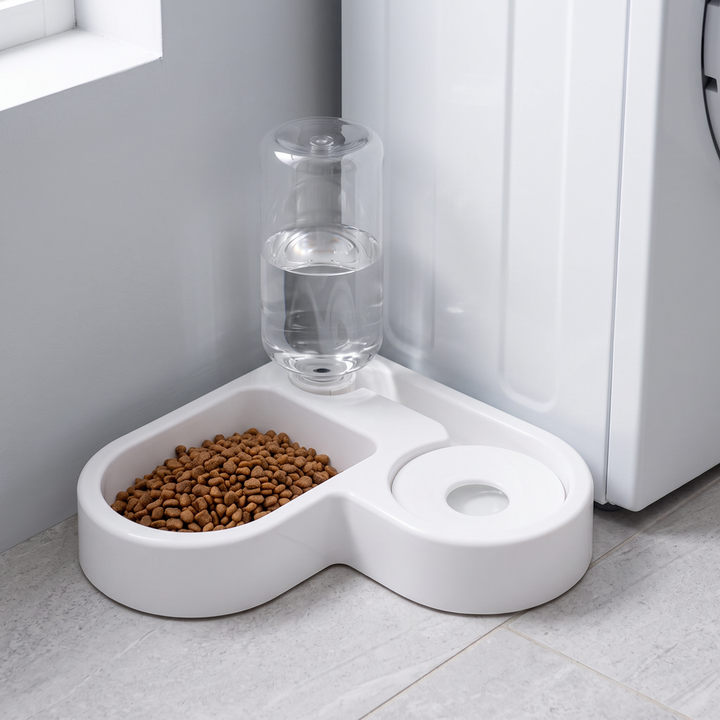 automatic cat feeder with water dispenser compact 2 in 1 bowl in use