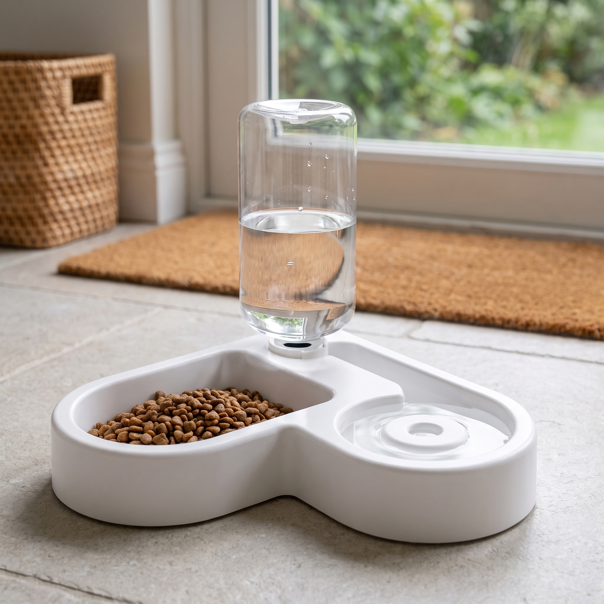 automatic cat feeder with water dispenser compact 2 in 1 bowl in use