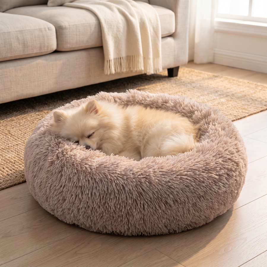 calming donut pet bed plush faux fur bed for dogs cats in use