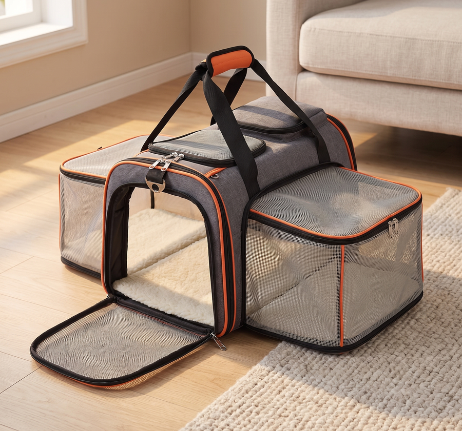 cat carrier with expandable mesh sides sling strap and soft mat in use