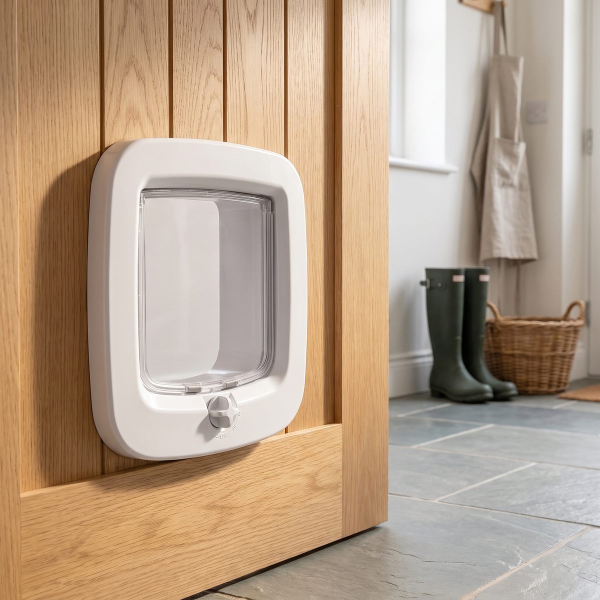 cat flap with 4 way manual locking door for cats and small pets in use