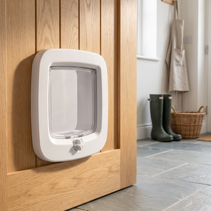 cat flap with 4 way manual locking door for cats and small pets in use