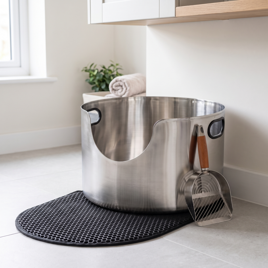 cat litter tray 48l round stainless steel open top with mat scoop in use