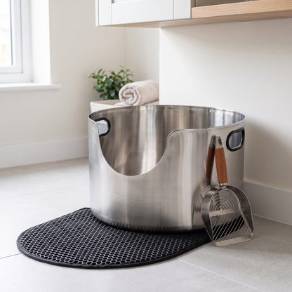 cat litter tray 48l round stainless steel open top with mat scoop in use