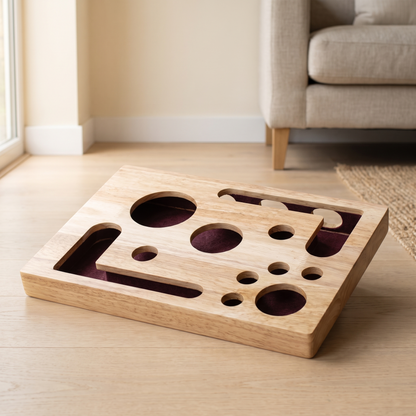 cat scratcher puzzle box wooden nail file enrichment toy in use