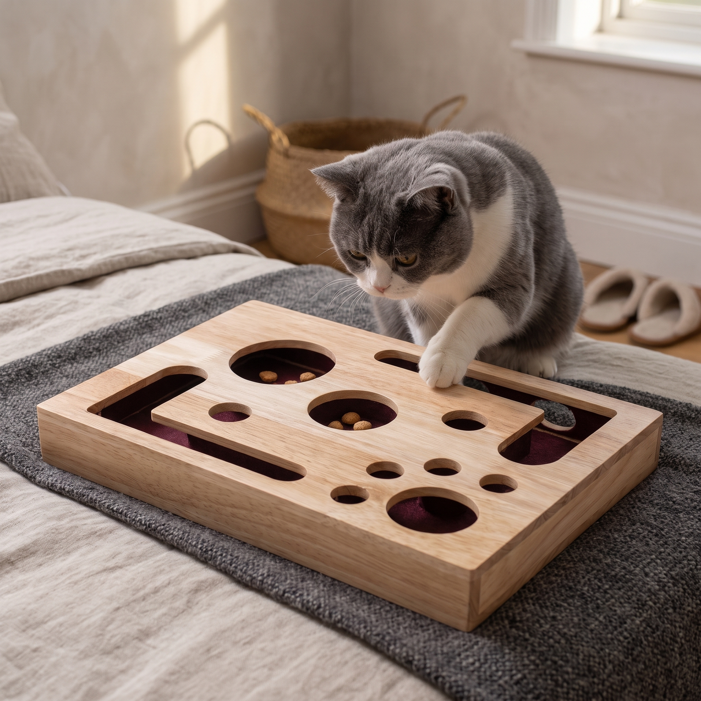 cat scratcher puzzle box wooden nail file enrichment toy in use