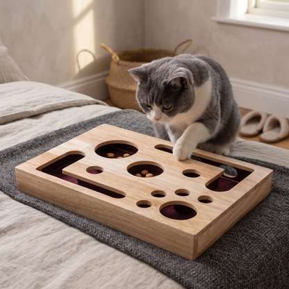 cat scratcher puzzle box wooden nail file enrichment toy in use
