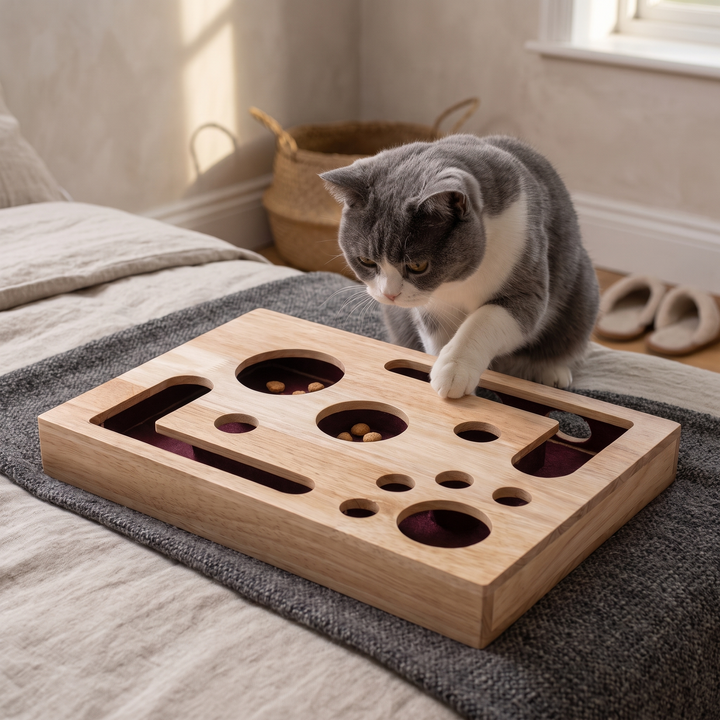 cat scratcher puzzle box wooden nail file enrichment toy in use
