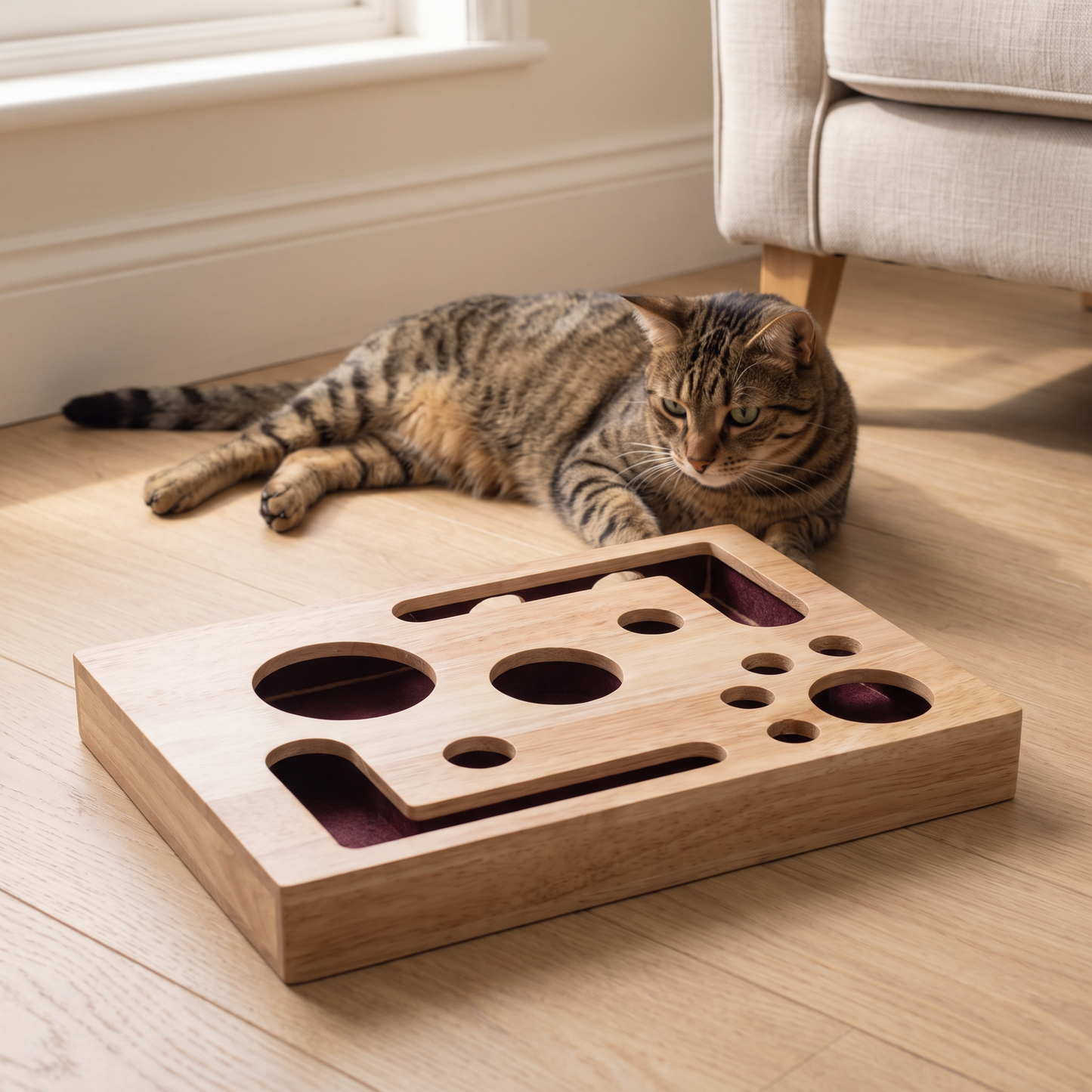 cat scratcher puzzle box wooden nail file enrichment toy in use