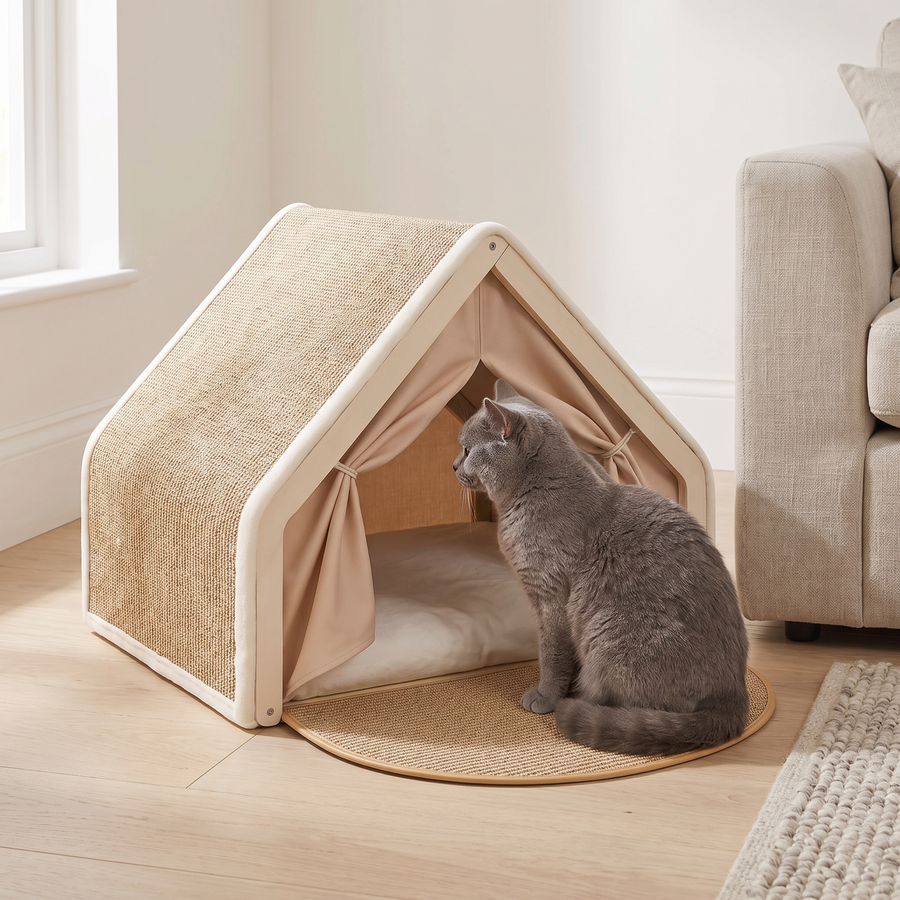 cat tent bed with scratchable base cosy indoor hideaway house in use