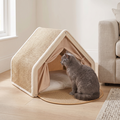 cat tent bed with scratchable base cosy indoor hideaway house in use