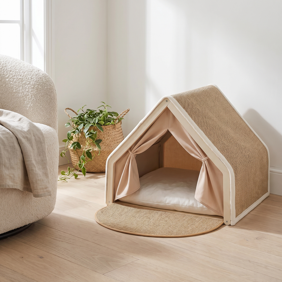 cat tent bed with scratchable base cosy indoor hideaway house in use