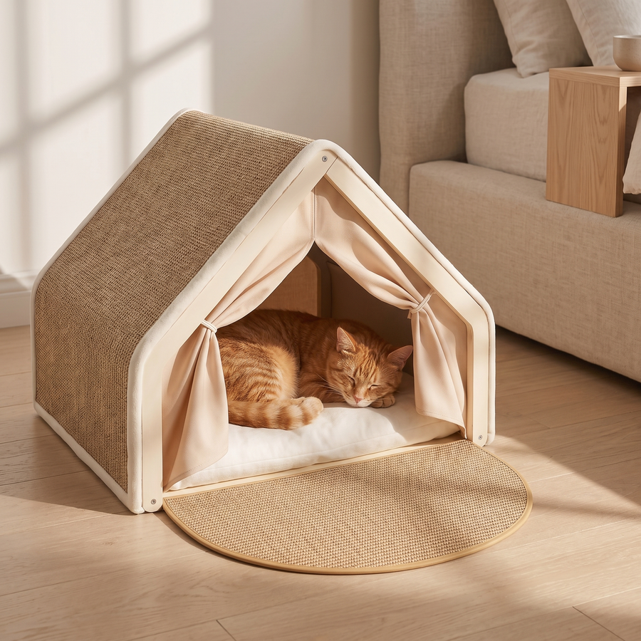 cat tent bed with scratchable base cosy indoor hideaway house in use