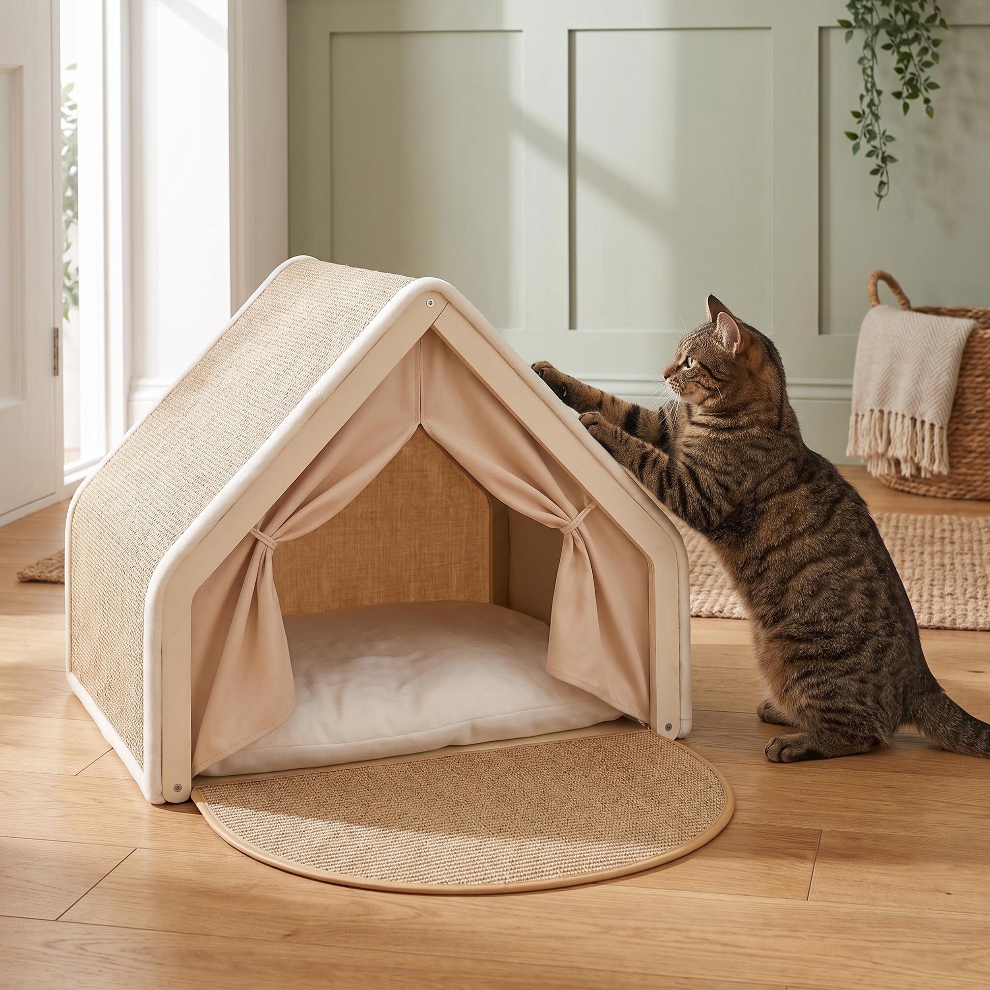 cat tent bed with scratchable base cosy indoor hideaway house in use