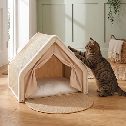 cat tent bed with scratchable base cosy indoor hideaway house in use