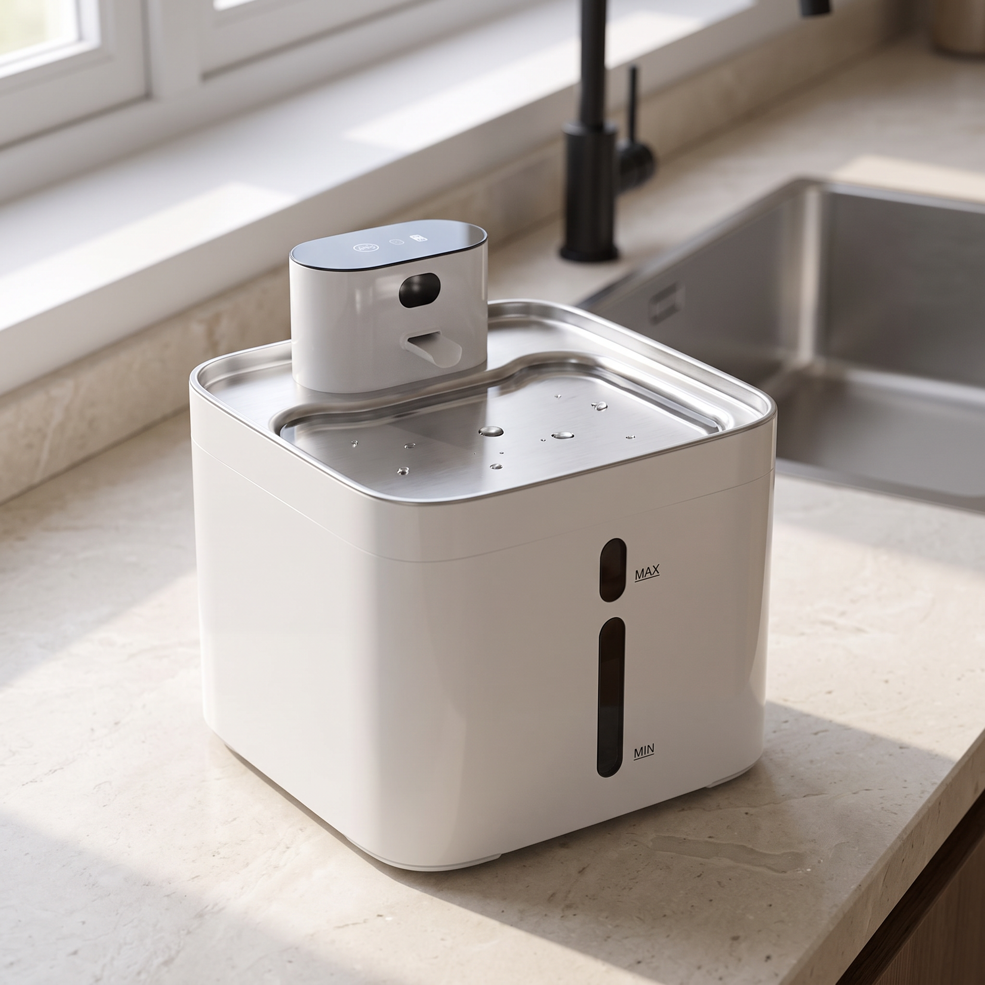 cat water fountain cordless rechargeable pumpless stainless steel in use