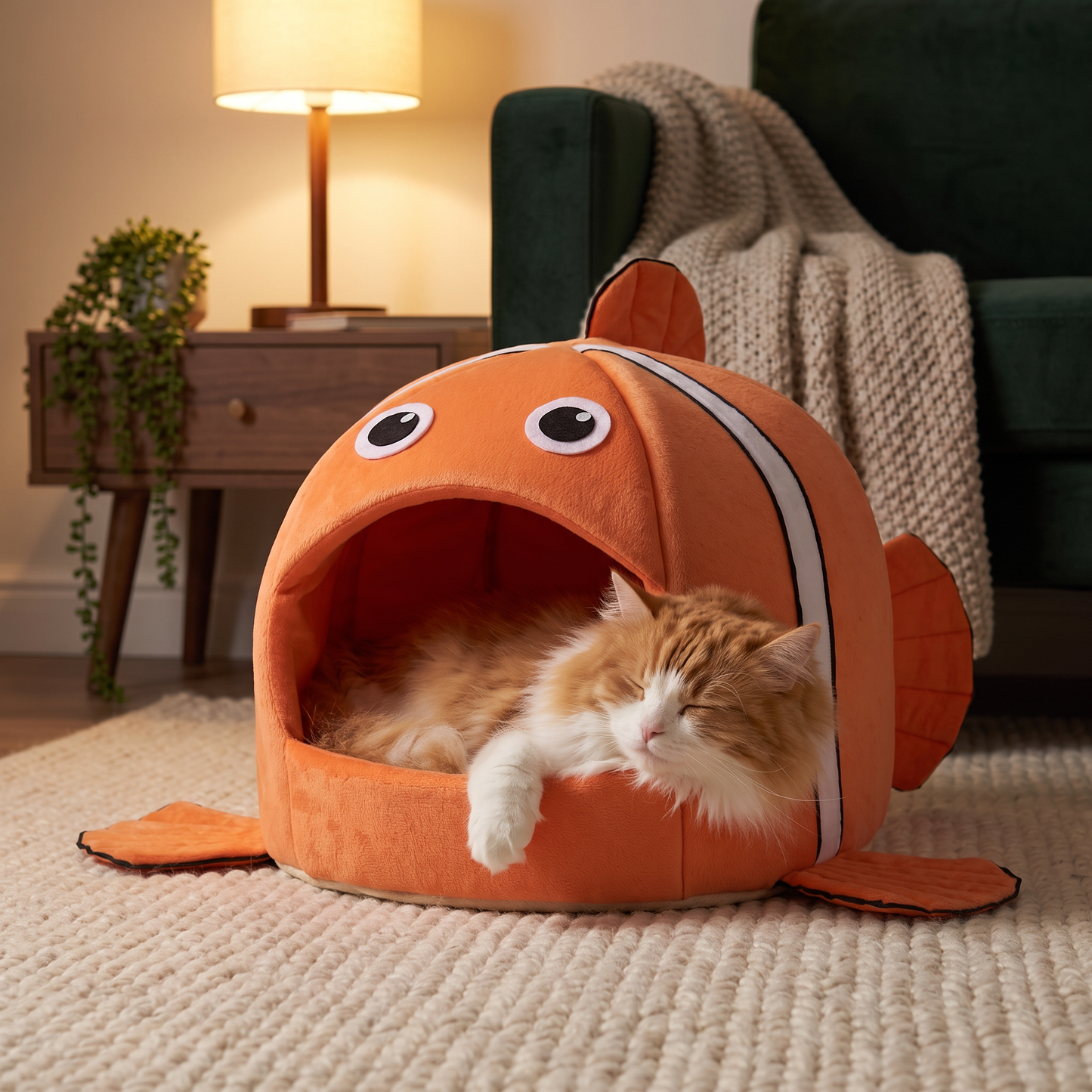 clownfish cat cave bed cosy covered igloo house in use