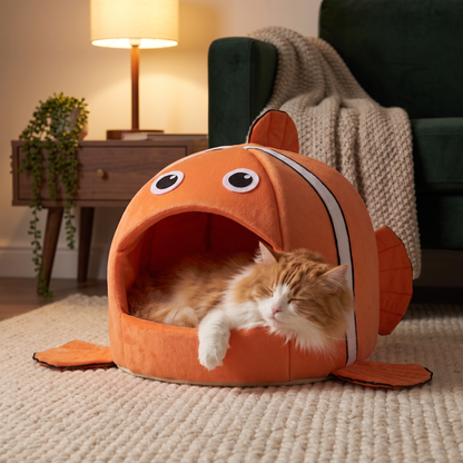 clownfish cat cave bed cosy covered igloo house in use