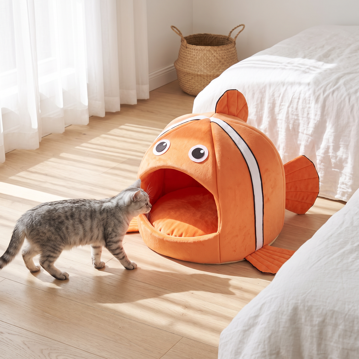 clownfish cat cave bed cosy covered igloo house in use