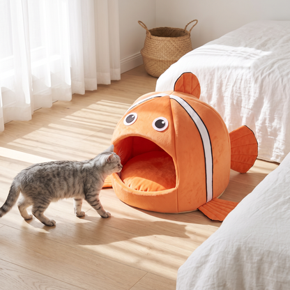 clownfish cat cave bed cosy covered igloo house in use