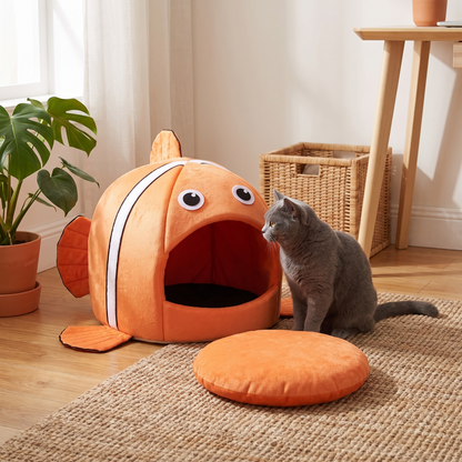 clownfish cat cave bed cosy covered igloo house in use