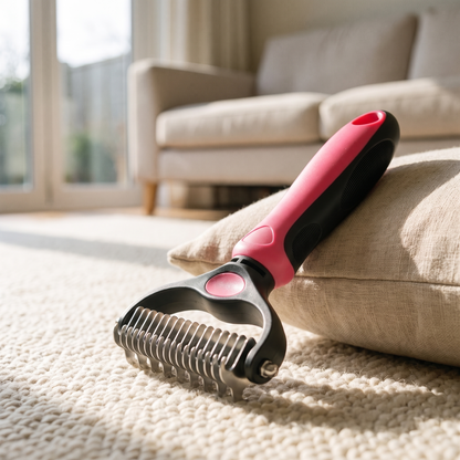 deshedding brush for dogs and cats 2 in 1 stainless undercoat rake in use