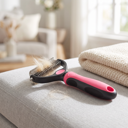 deshedding brush for dogs and cats 2 in 1 stainless undercoat rake in use