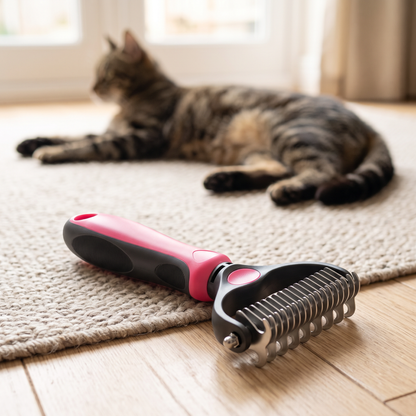deshedding brush for dogs and cats 2 in 1 stainless undercoat rake in use