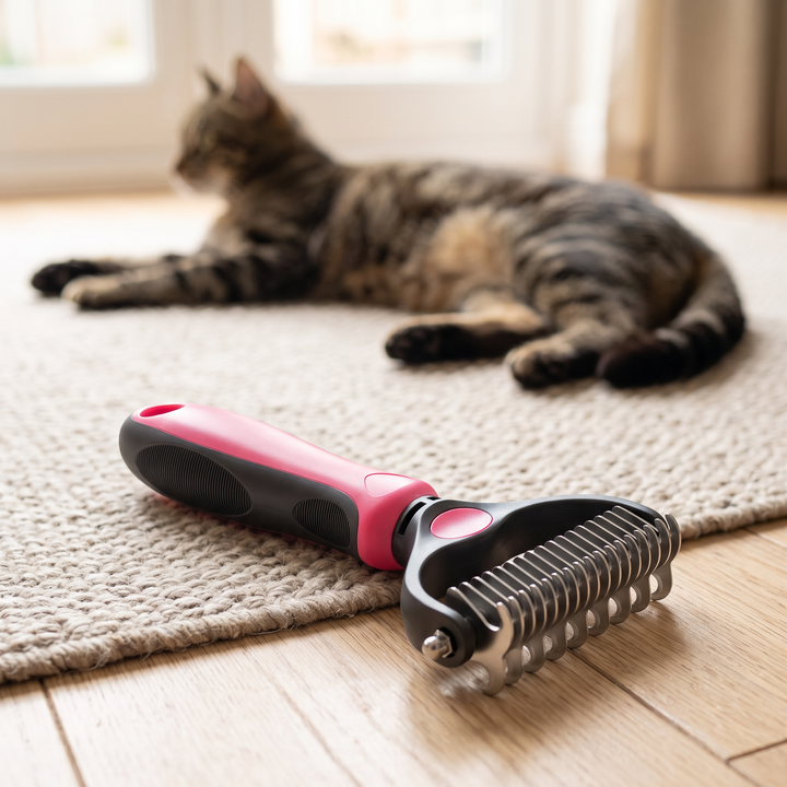 deshedding brush for dogs and cats 2 in 1 stainless undercoat rake in use