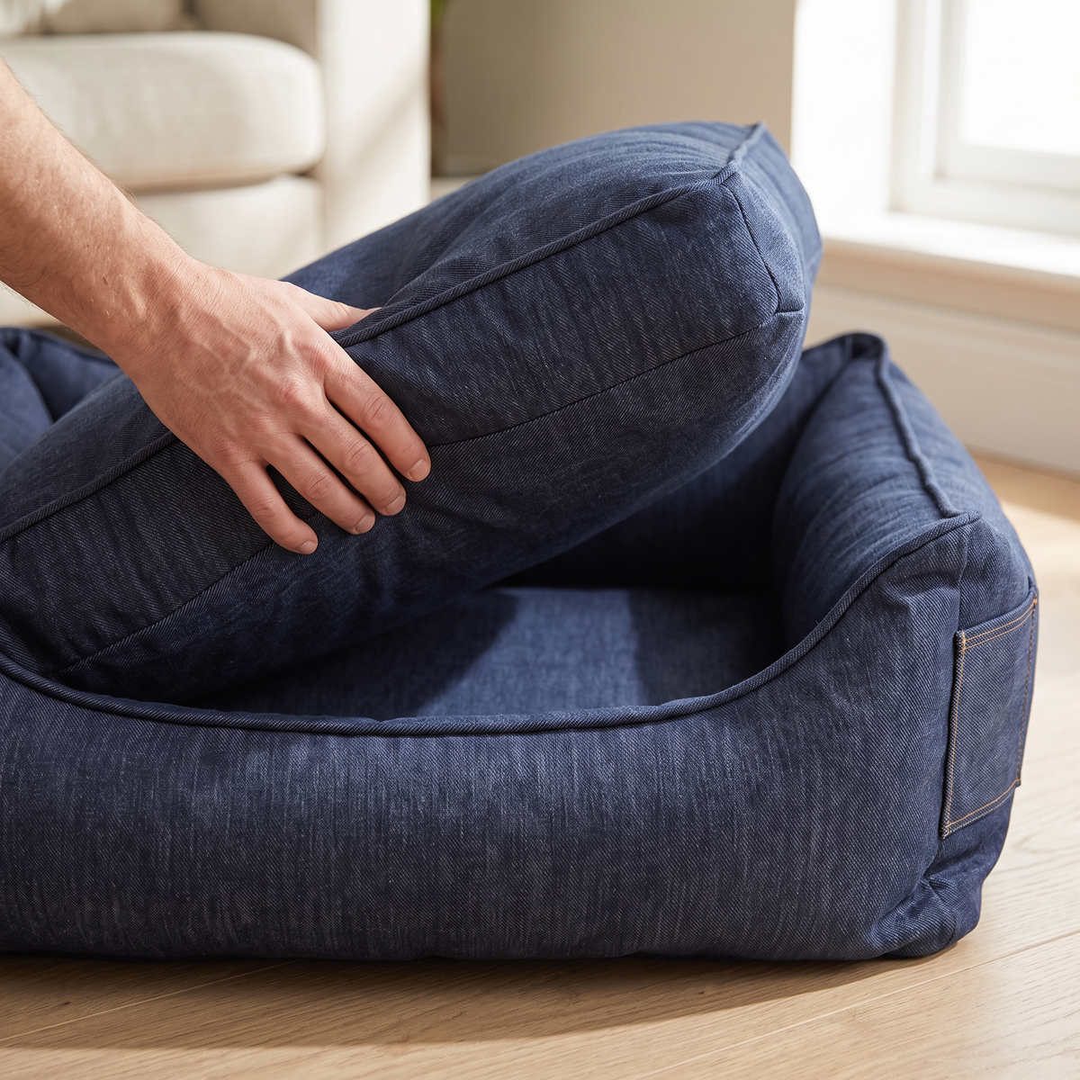 b2 reversible cushion: hand lifting the plump inner cushion out of the bolster frame, empty base and piped inner edge vi
