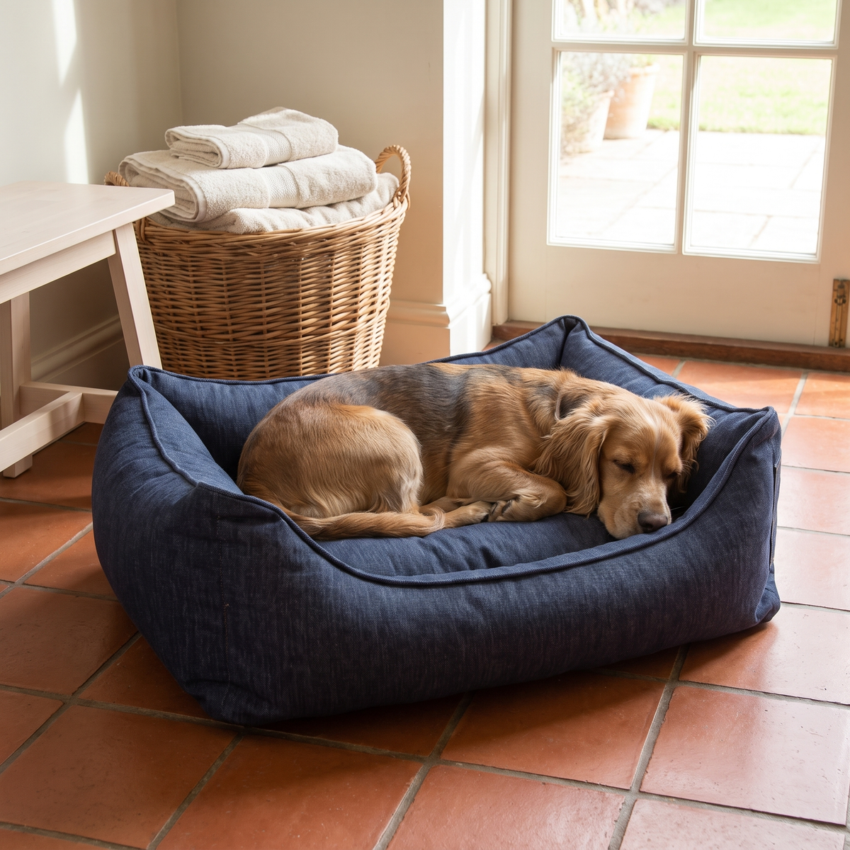dog bed denim effect bolster bed with reversible cushion in use