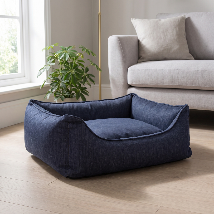 dog bed denim effect bolster bed with reversible cushion in use